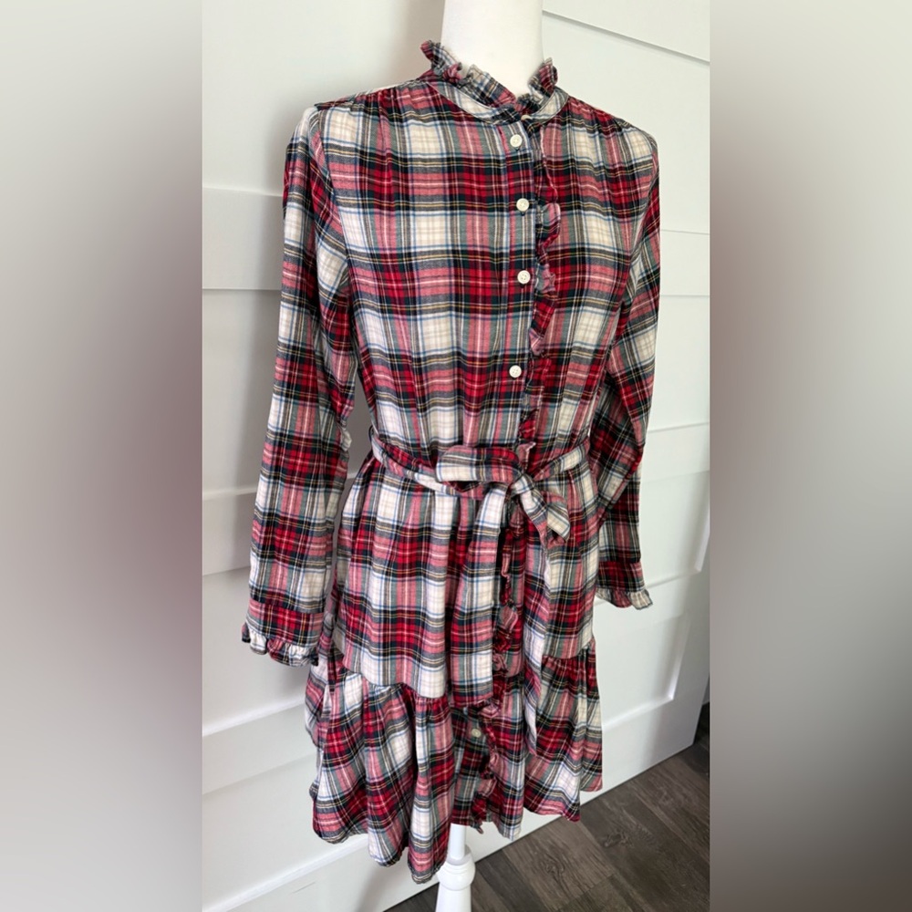 NWT 69.95 GAP Christmas Plaid Flannel Ruffled Belted Short Dress Size S